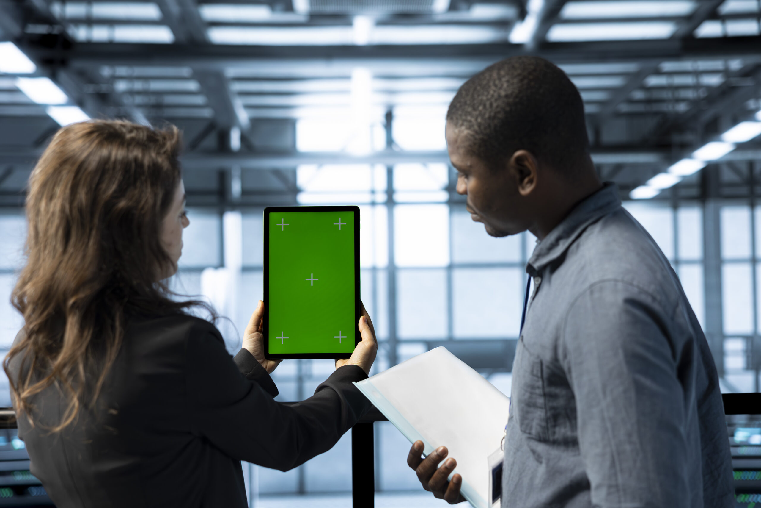 Data center admins using isolated screen tablet to calibrate energy usage. Server hub workers using chroma key device to inspect UPS configurations, doing maintenance on equipment